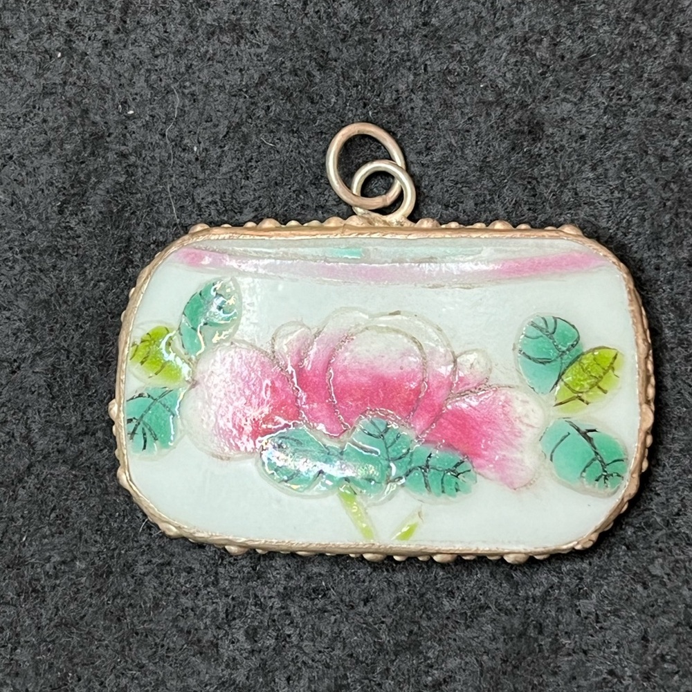 Vintage flowers HandPainted Porcelain Pendant Chinese thick